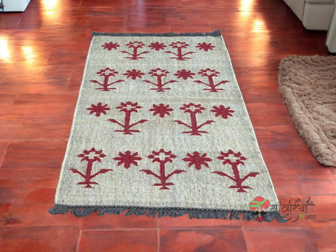 Handmade Red Flower Pattern Kilim Rug – Wool & Jute Flatweave Dhurrie