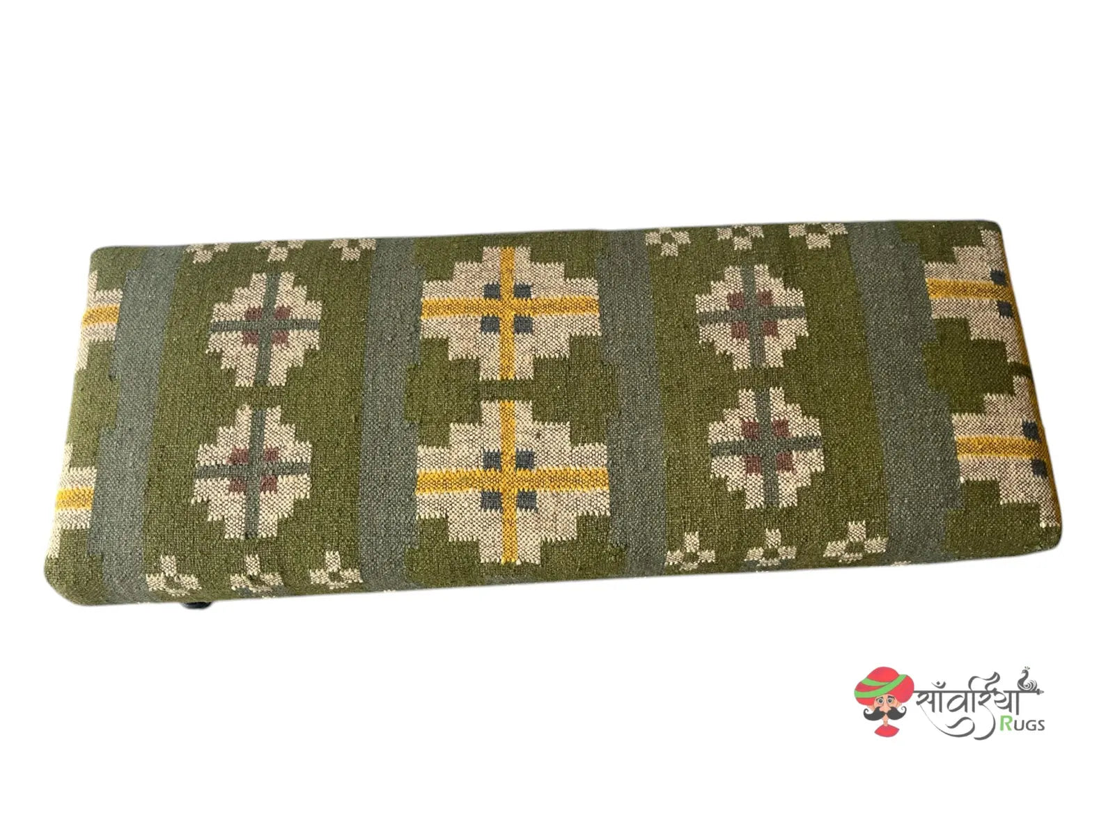 Handmade Green Kilim Bench – Rustic Wool Jute Ottoman