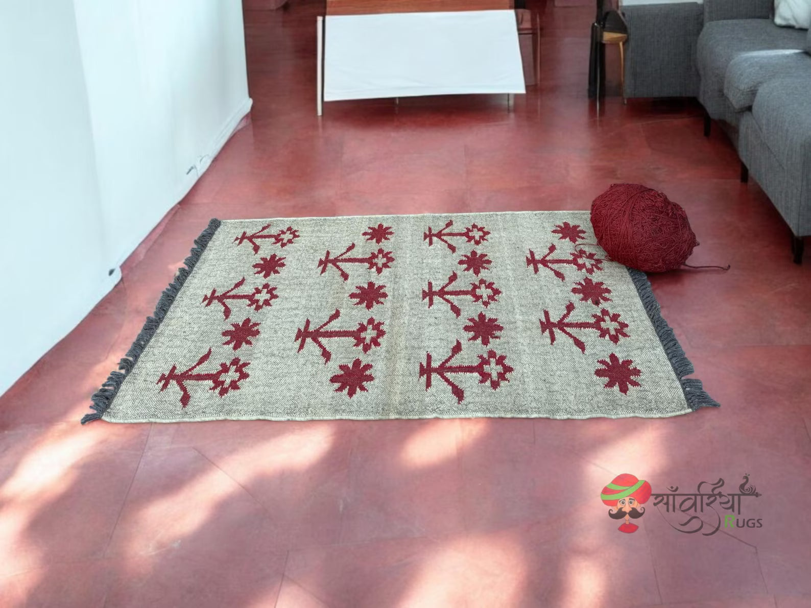 Handmade Red Flower Pattern Kilim Rug – Wool & Jute Flatweave Dhurrie