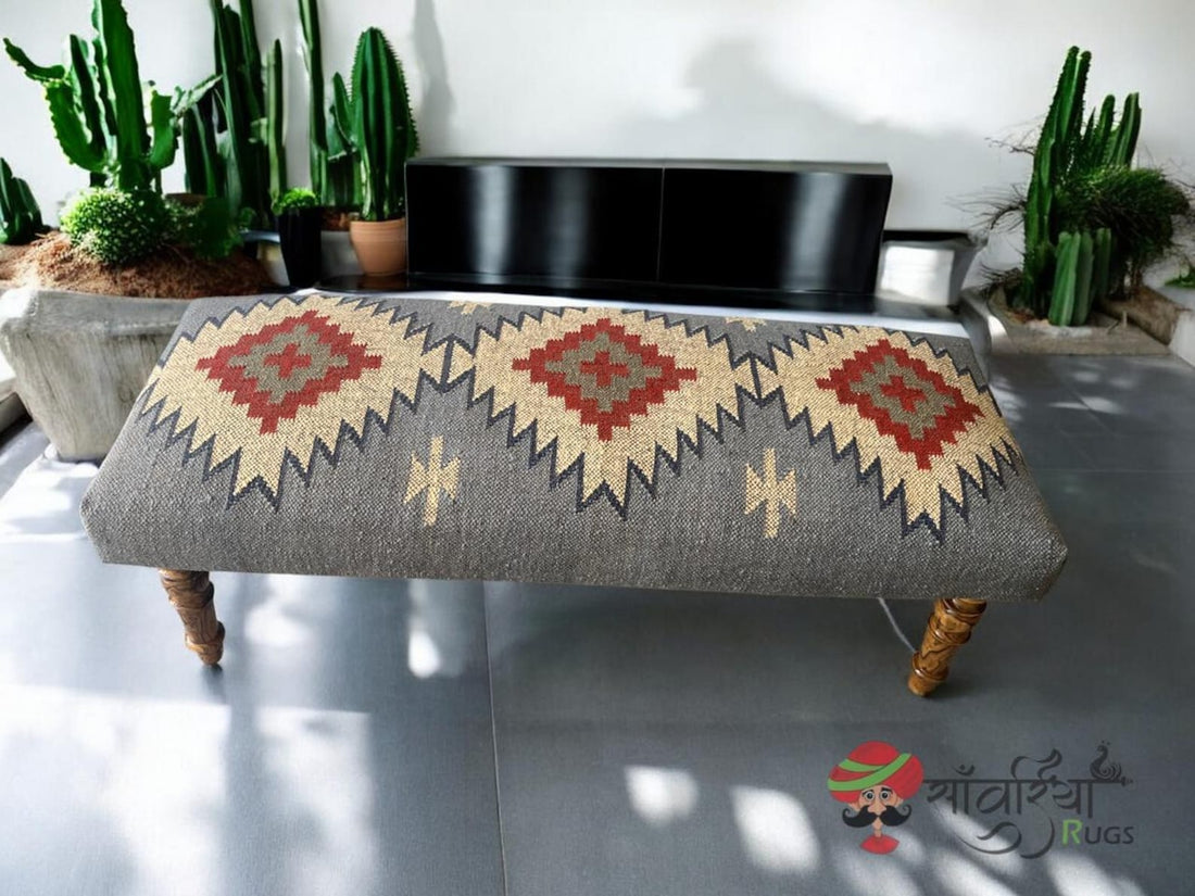 Handmade Indian Kilim Rug Piano Bench – Upholstered Ottoman Seat