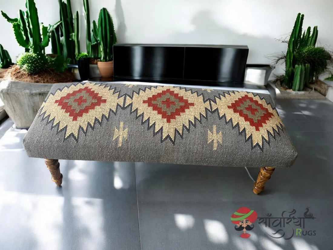 Handmade Indian Kilim Rug Piano Bench – Upholstered Wool Jute Ottoman Seat