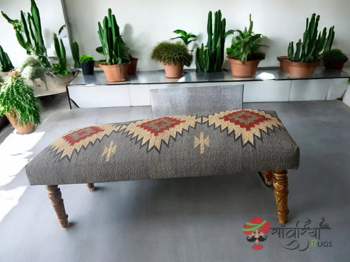 Handmade Indian Kilim Rug Piano Bench – Upholstered Wool Jute Ottoman Seat