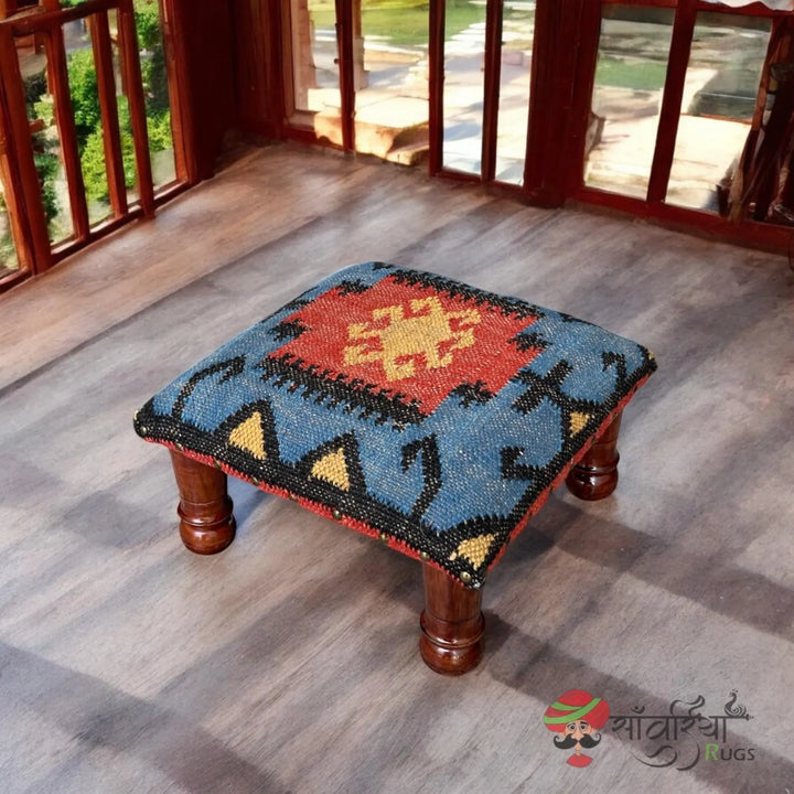 Handmade Kilim Ottoman Footstool – Boho Tribal Acacia Wood Accent Bench