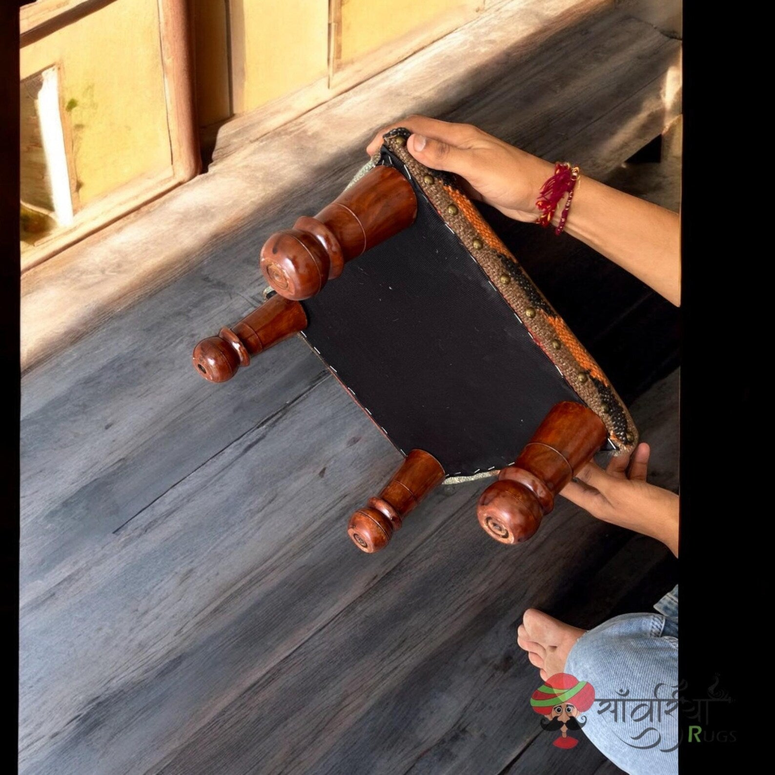 Artisan Wooden Ottoman Bench, Kilim Upholstery, Boho Tribal Footstool