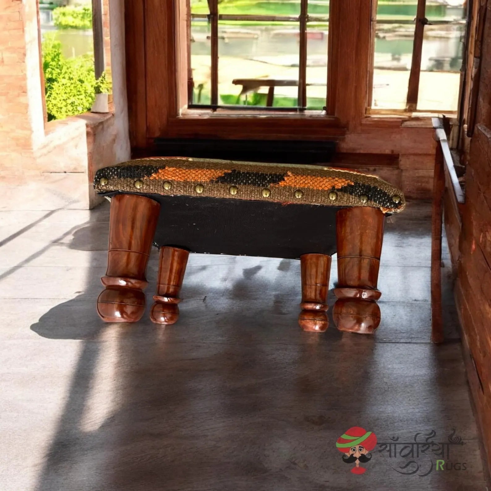 Handmade Kilim Ottoman Footstool – Boho Tribal Acacia Wood Accent