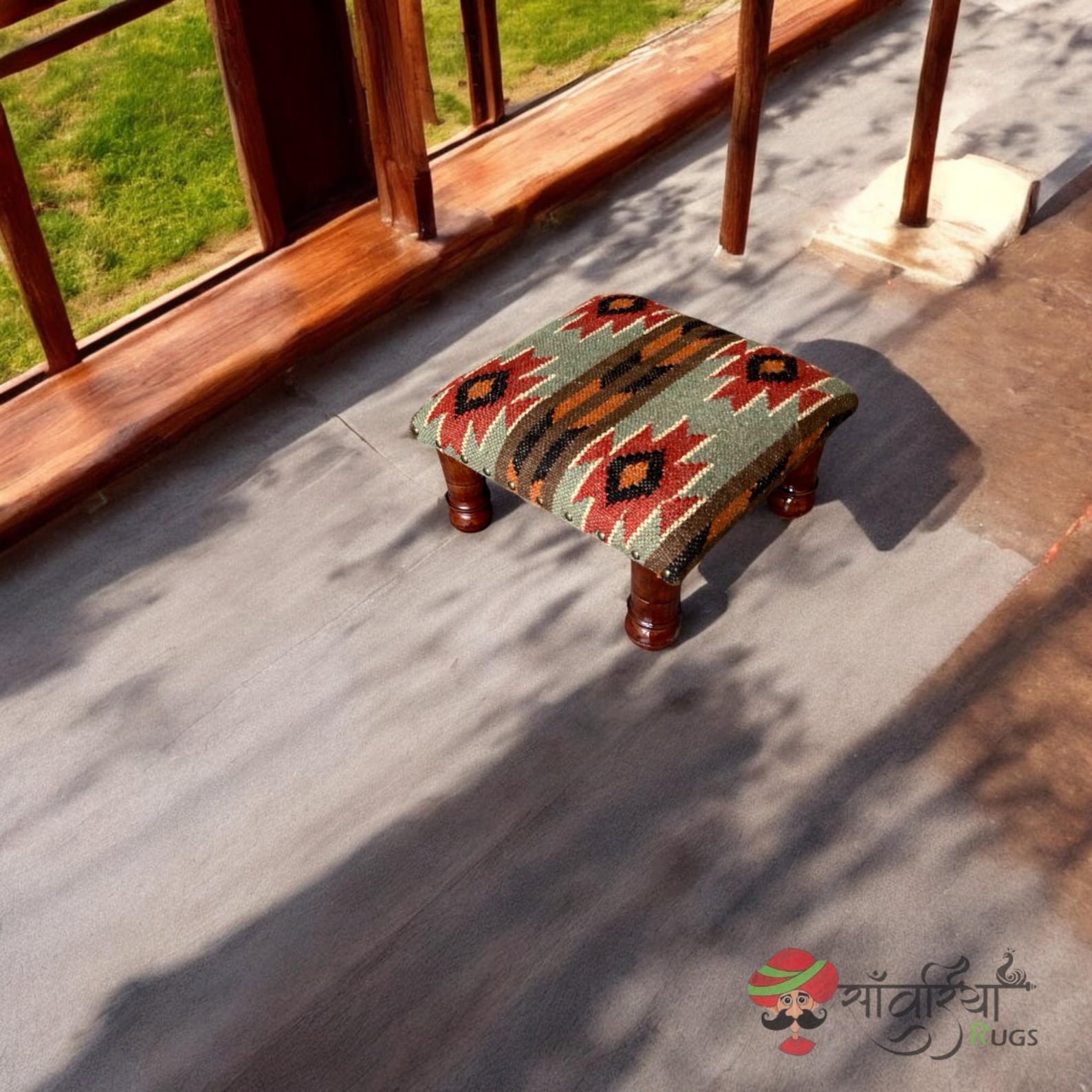 Artisan Wooden Ottoman Bench, Kilim Upholstery, Boho Tribal Footstool