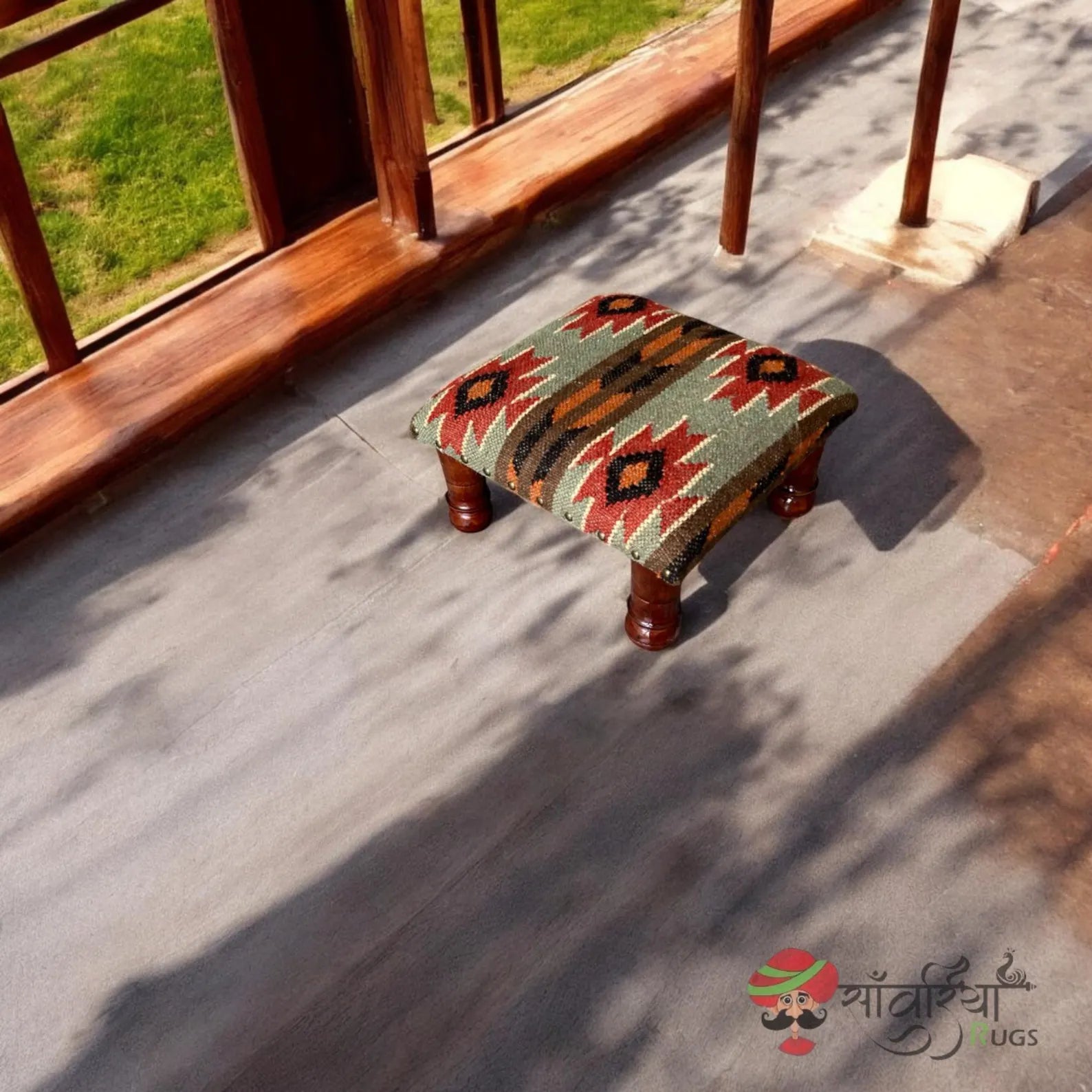 Handmade Kilim Ottoman Footstool – Boho Tribal Acacia Wood Accent