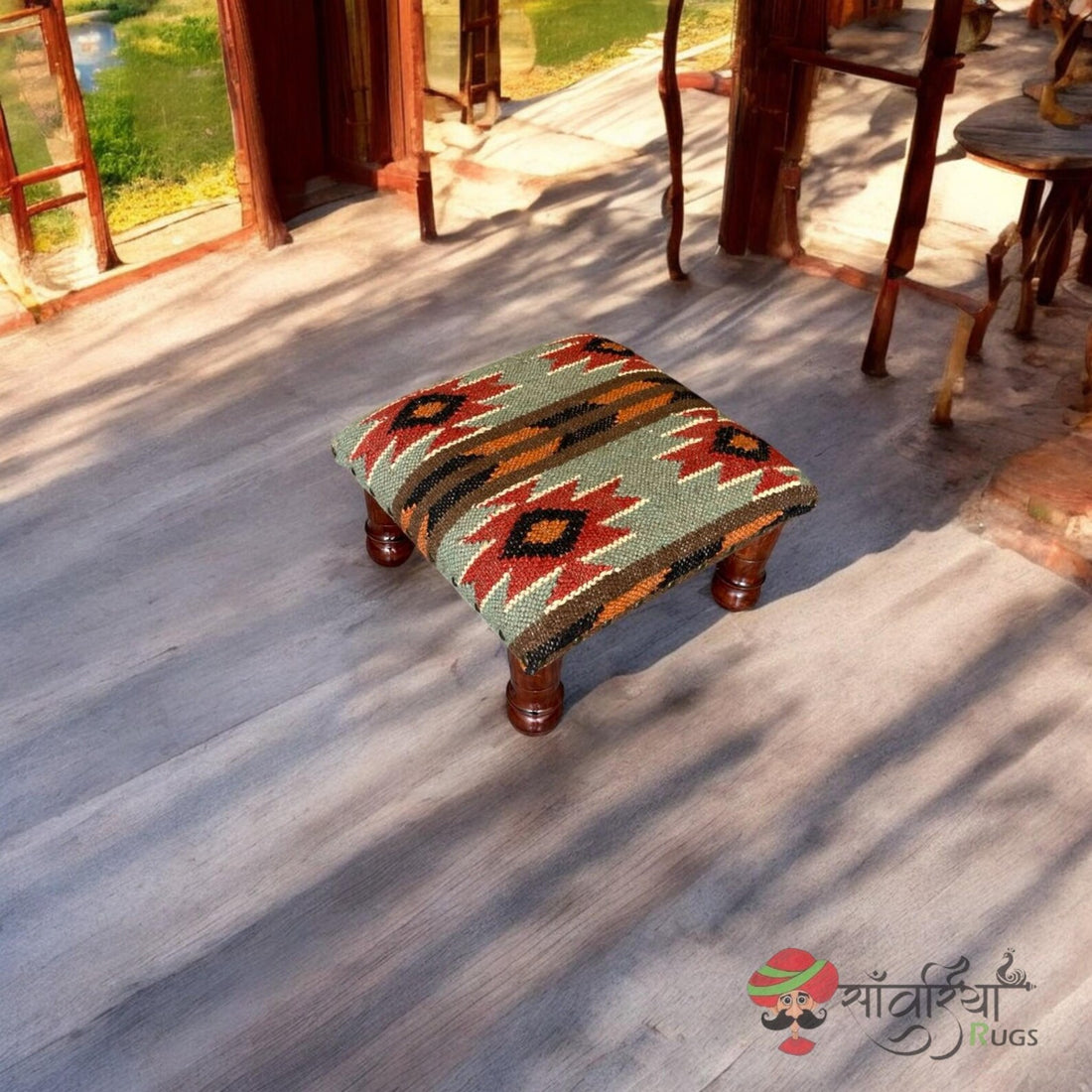 Artisan Wooden Ottoman Bench, Kilim Upholstery, Boho Tribal Footstool