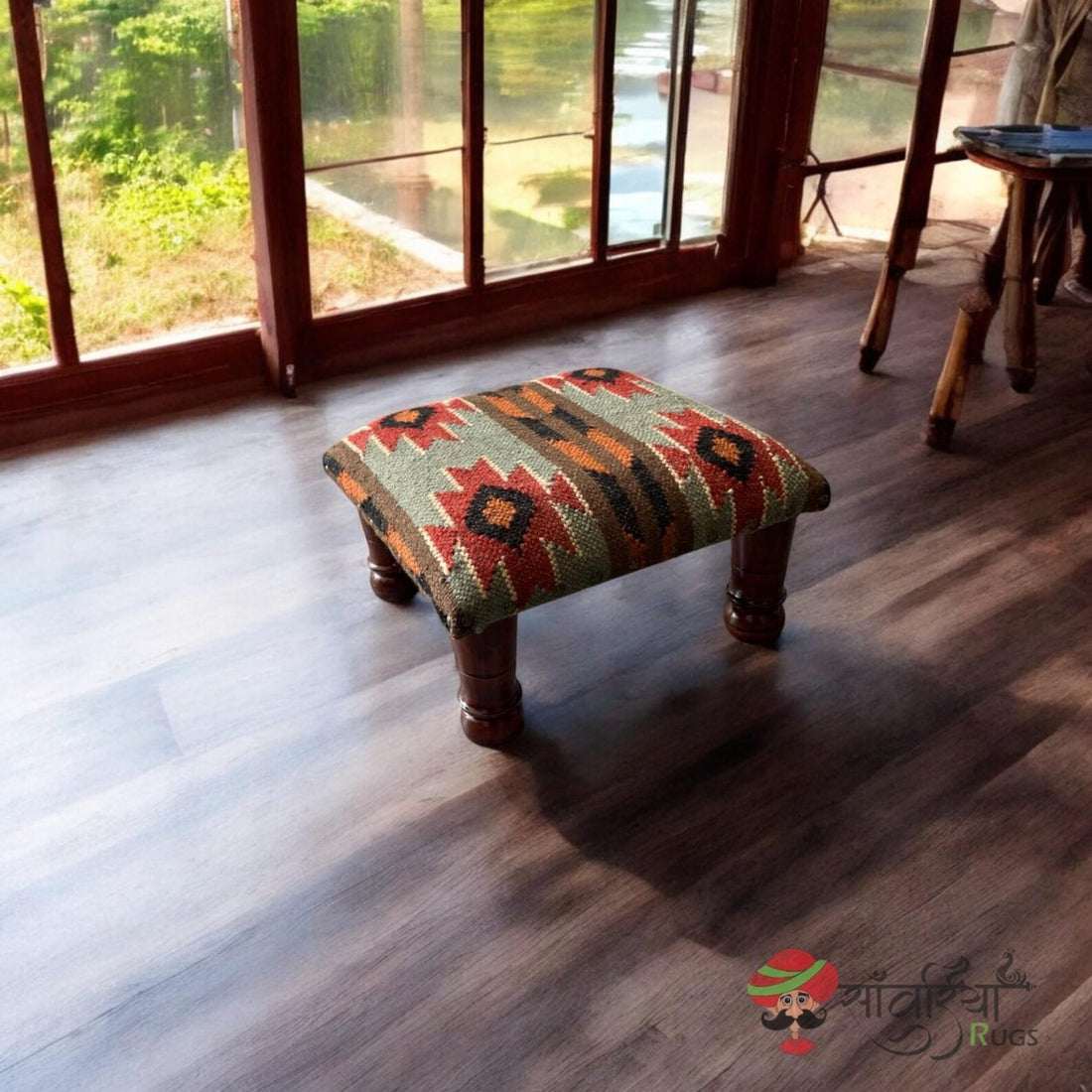 Artisan Wooden Ottoman Bench, Kilim Upholstery, Boho Tribal Footstool