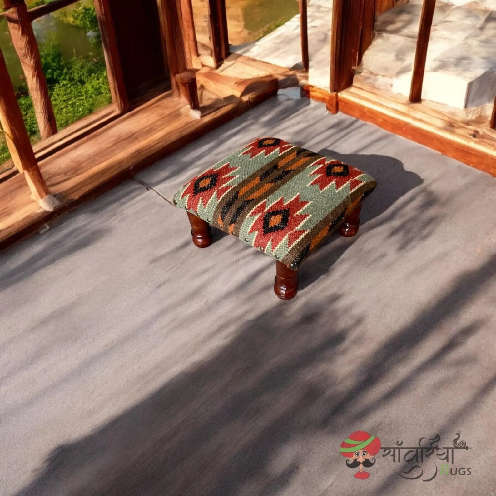Handmade Kilim Ottoman Footstool – Boho Tribal Acacia Wood Accent