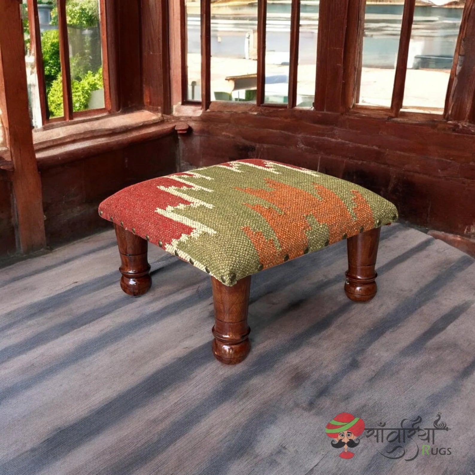 Rustic Wooden Pouf Footstool, Handcrafted Kilim Ottoman, Tribal Upholstered Seat