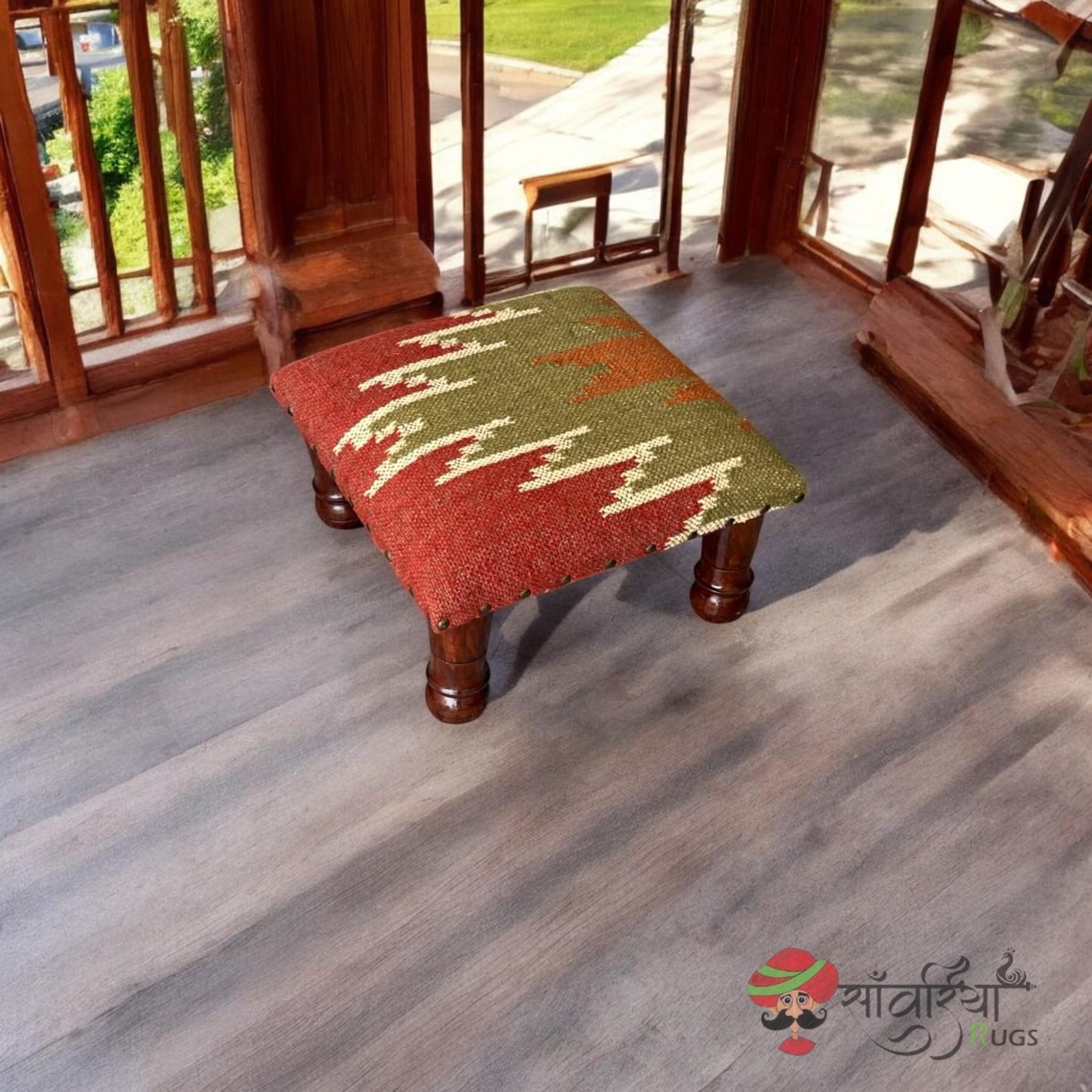Rustic Wooden Pouf Footstool, Handcrafted Kilim Ottoman, Tribal Upholstered Seat