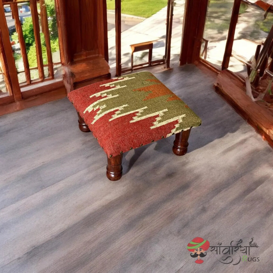 Handmade Kilim Ottoman Footstool – Boho Tribal Wool Jute Accent Seat