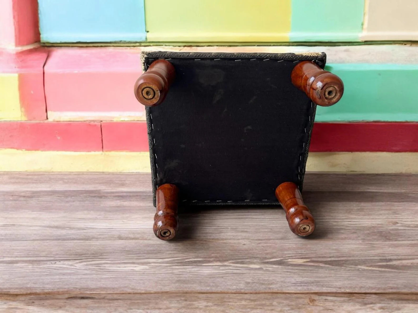 Rustic Wooden Pouf Footstool, Handcrafted Kilim Ottoman, Tribal Upholstered Seat