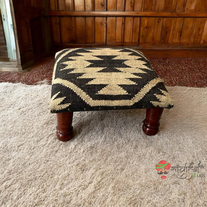 Handmade Kilim Ottoman Footstool – Boho Tribal Wool Jute Pouf with Acacia Wood Base
