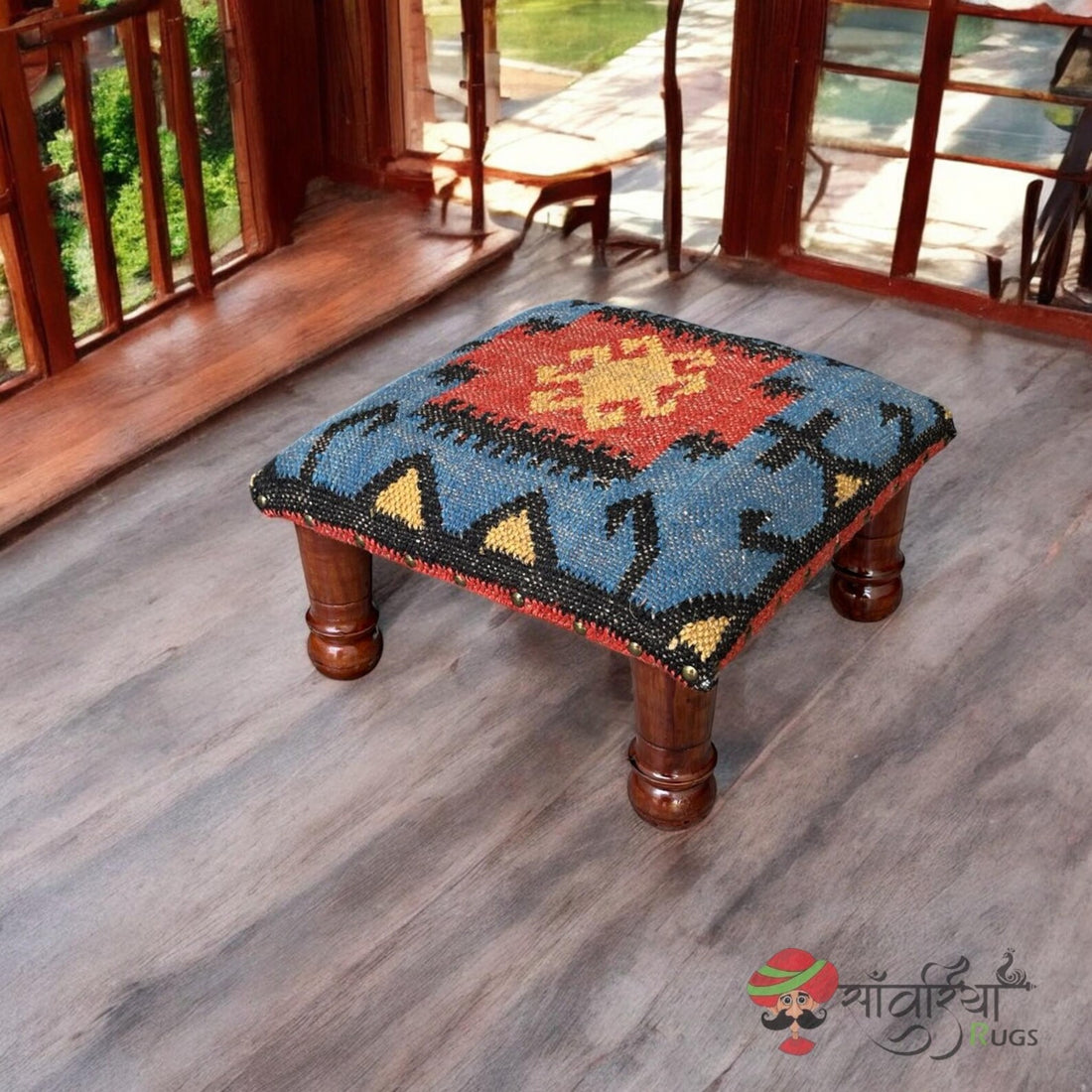 Handmade Wooden Pouf Ottoman, Kilim Upholstered Footstool, Boho Tribal Accent Bench