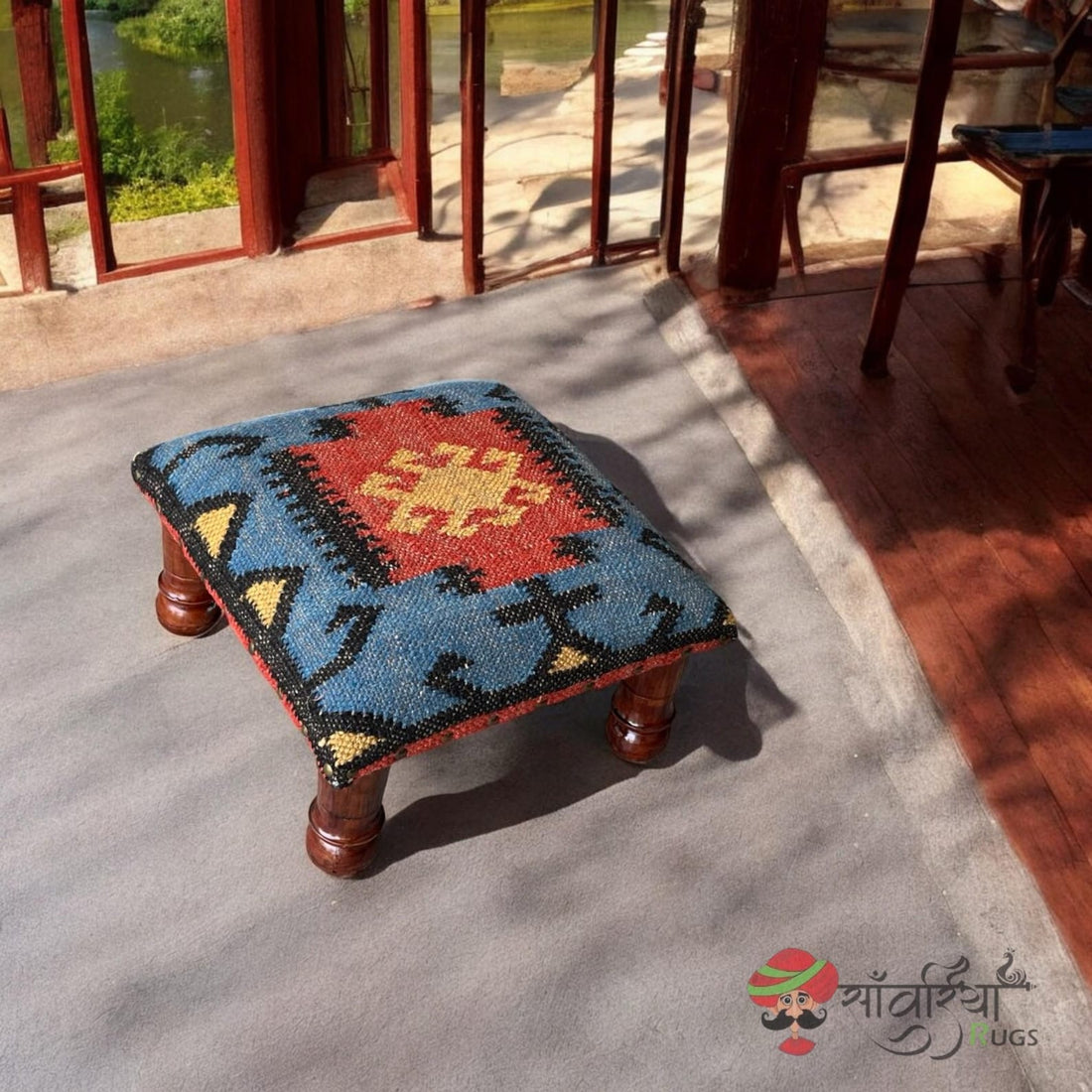 Handmade Wooden Pouf Ottoman, Kilim Upholstered Footstool, Boho Tribal Accent Bench