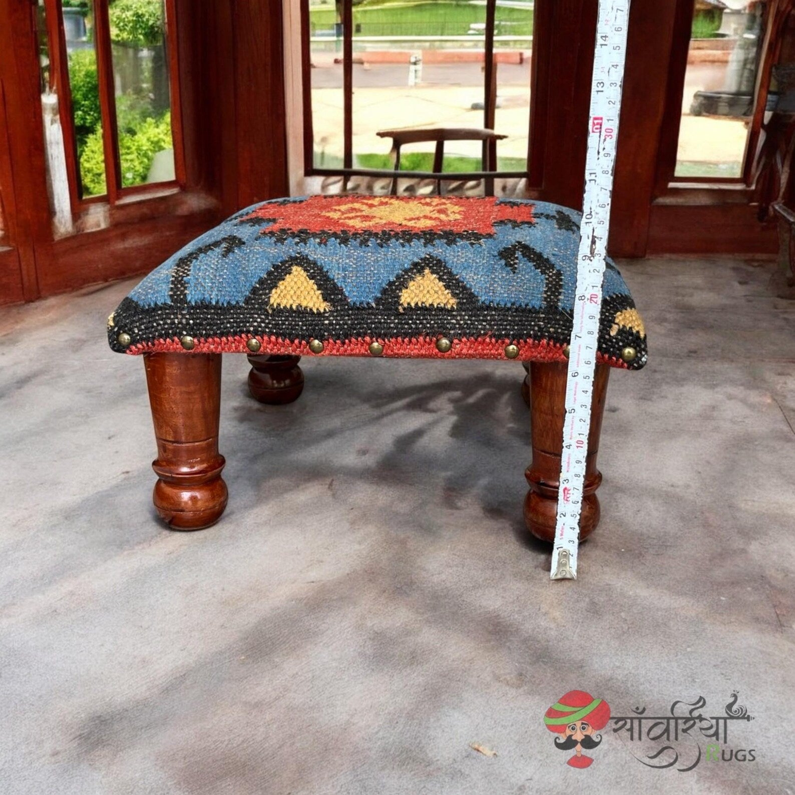 Handmade Wooden Pouf Ottoman, Kilim Upholstered Footstool, Boho Tribal Accent Bench