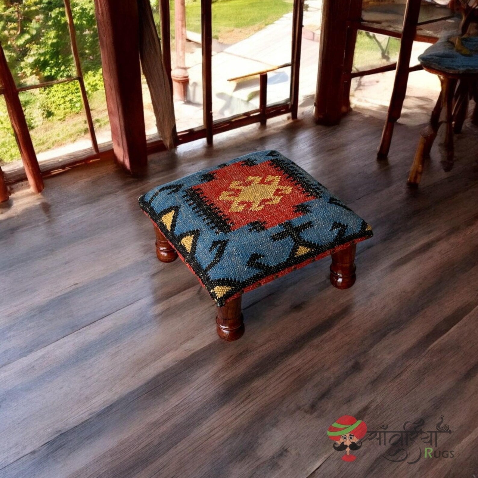 Handmade Wooden Pouf Ottoman, Kilim Upholstered Footstool, Boho Tribal Accent Bench