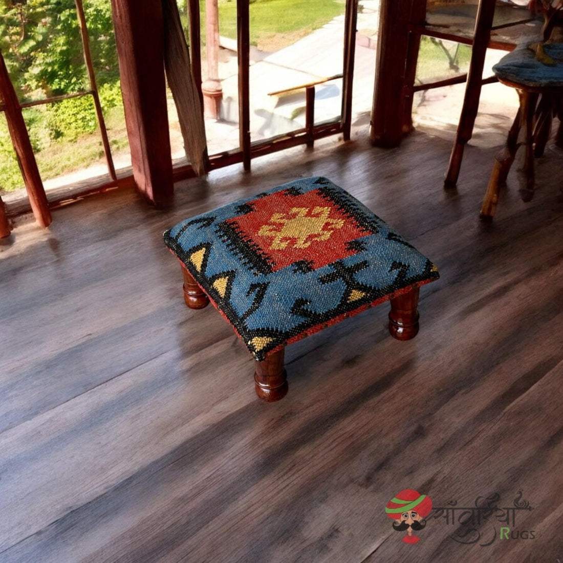 Handmade Wooden Pouf Ottoman, Kilim Upholstered Footstool, Boho Tribal Accent Bench