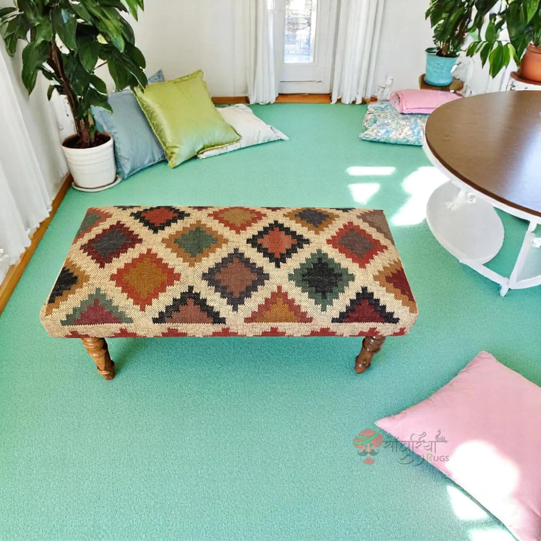 Multicolor Handmade Kilim Bench Ottoman with Wood Frame