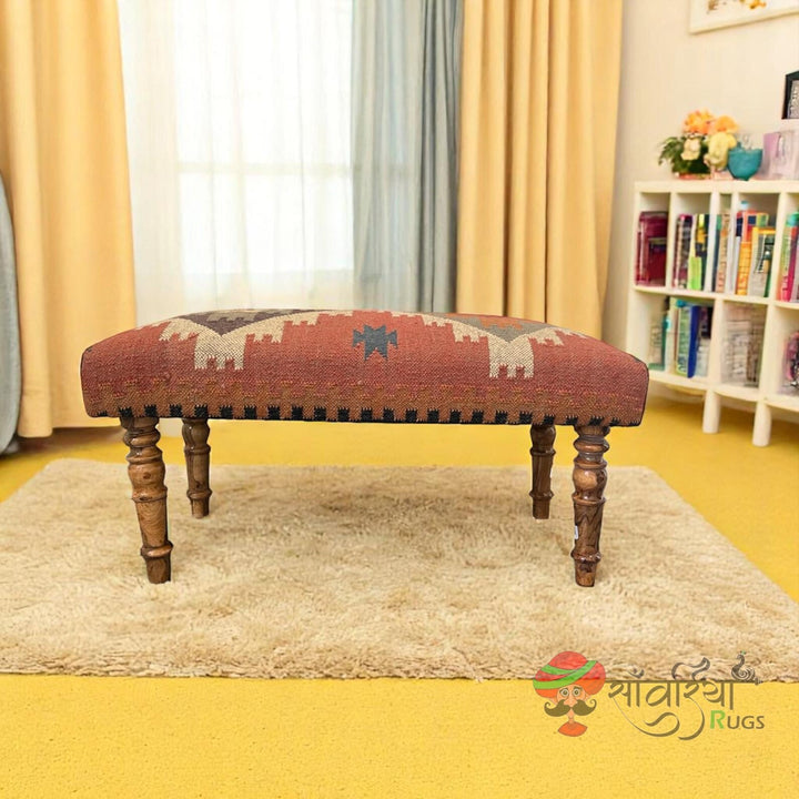 Kilim Ottoman Bench – Handmade Turkish Wood Accent Rug Seat