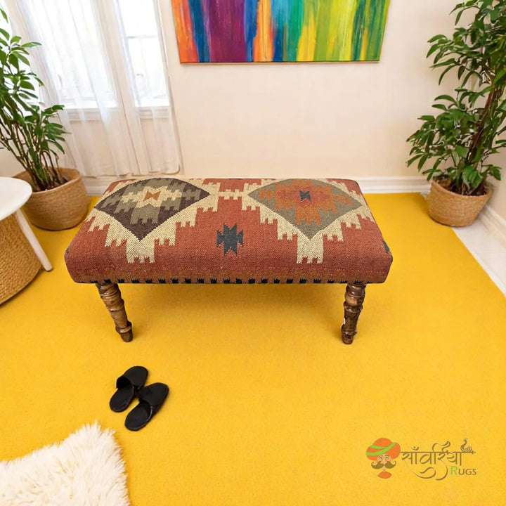 Kilim Ottoman Bench – Handmade Turkish Wood Accent Rug Seat