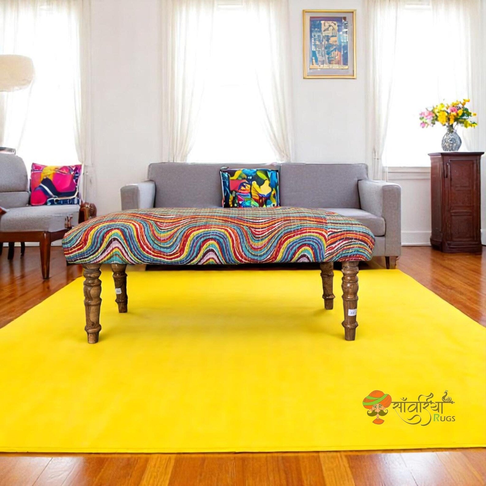 Indian Cotton Ottoman Bench with Soft Cushion – Handmade Wooden Accent Seat