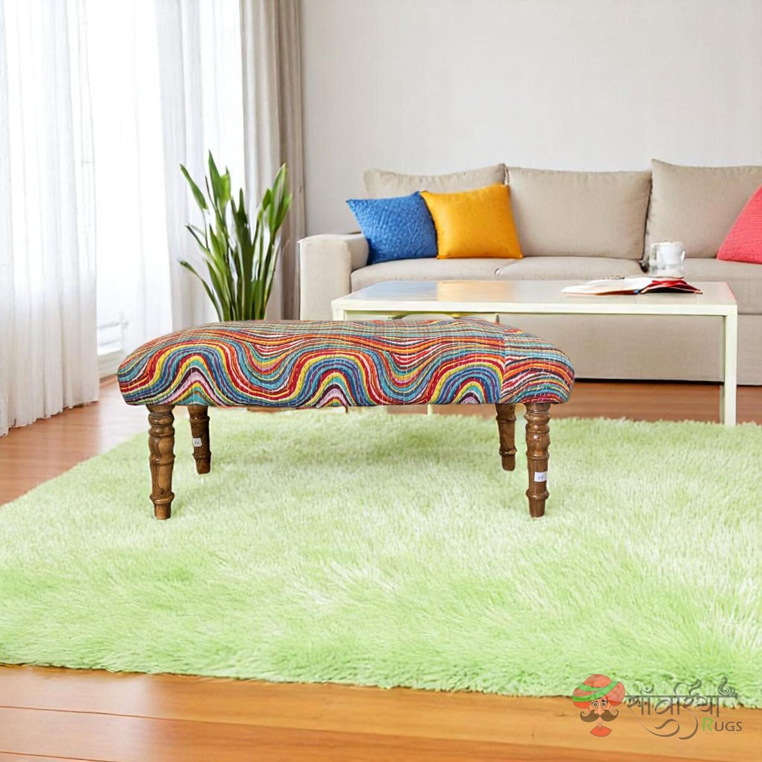 Indian Cotton Ottoman Bench with Soft Cushion – Handmade Wooden Accent Seat