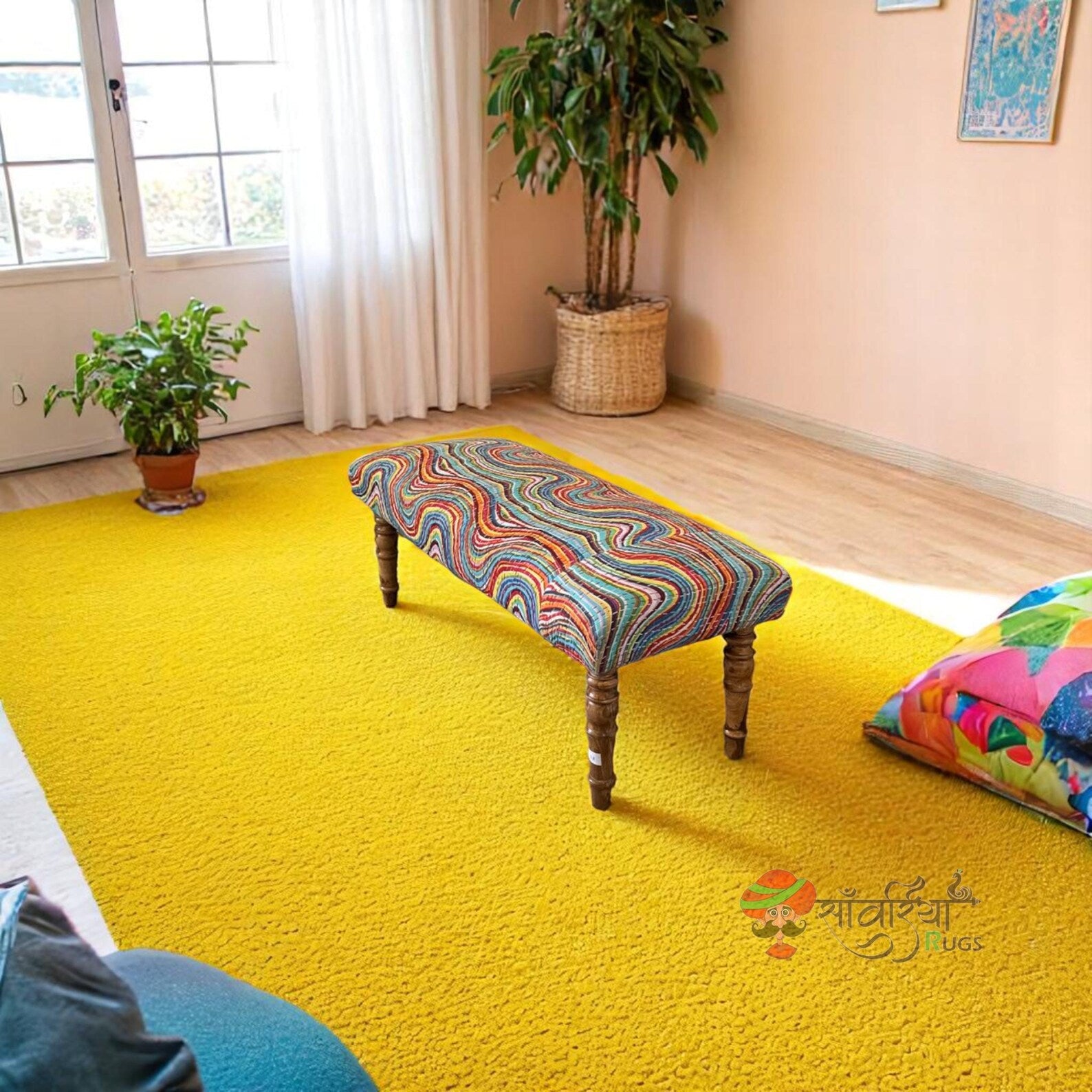 Indian Cotton Ottoman Bench with Soft Cushion – Handmade Wooden Accent Seat