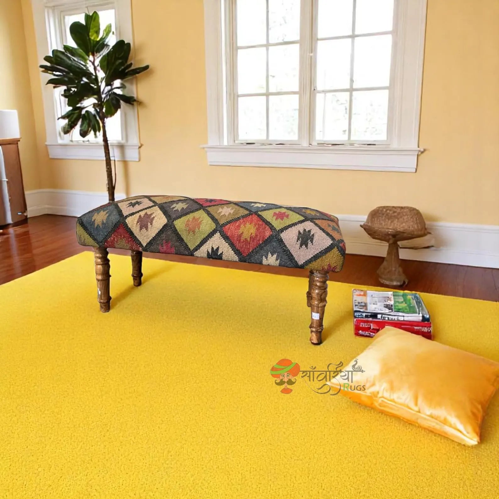 Kilim Ottoman Bench – Handmade Turkish Wood Rug Seat for Dining & Piano