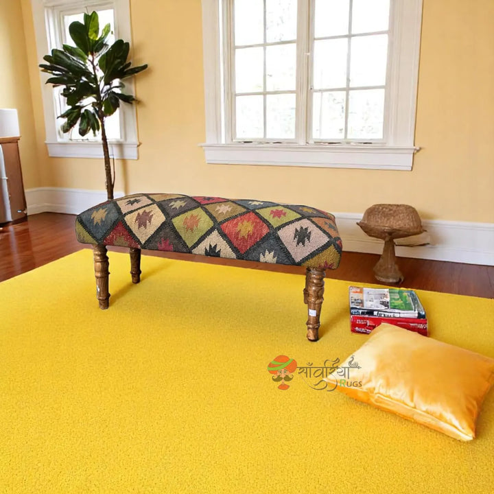 Kilim Ottoman Bench – Handmade Turkish Wood Rug Seat for Dining & Piano