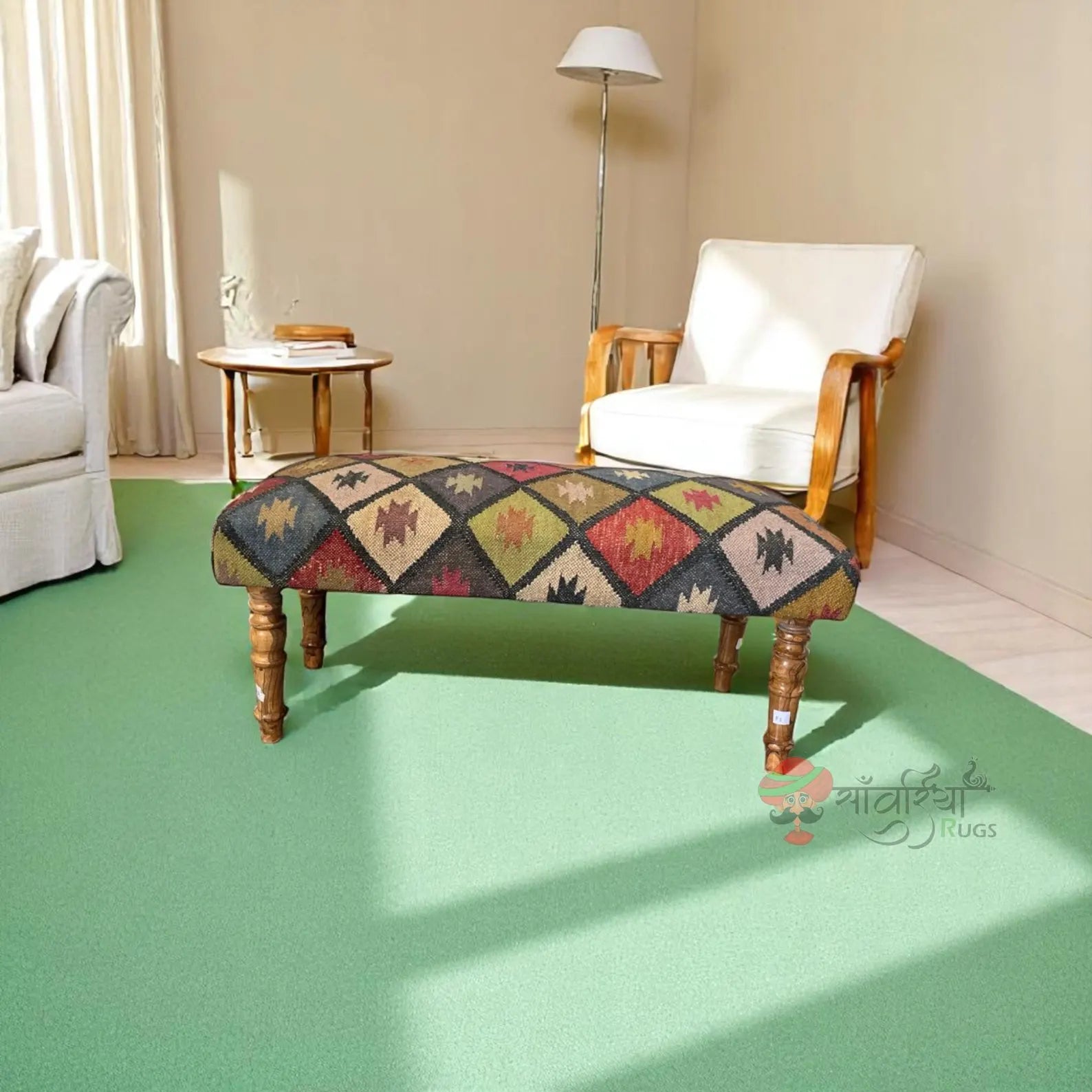 Kilim Ottoman Bench – Handmade Turkish Wood Rug Seat for Dining & Piano