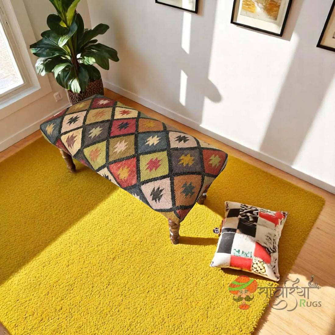 Kilim Ottoman Bench – Handmade Turkish Wood Rug Seat for Dining & Piano