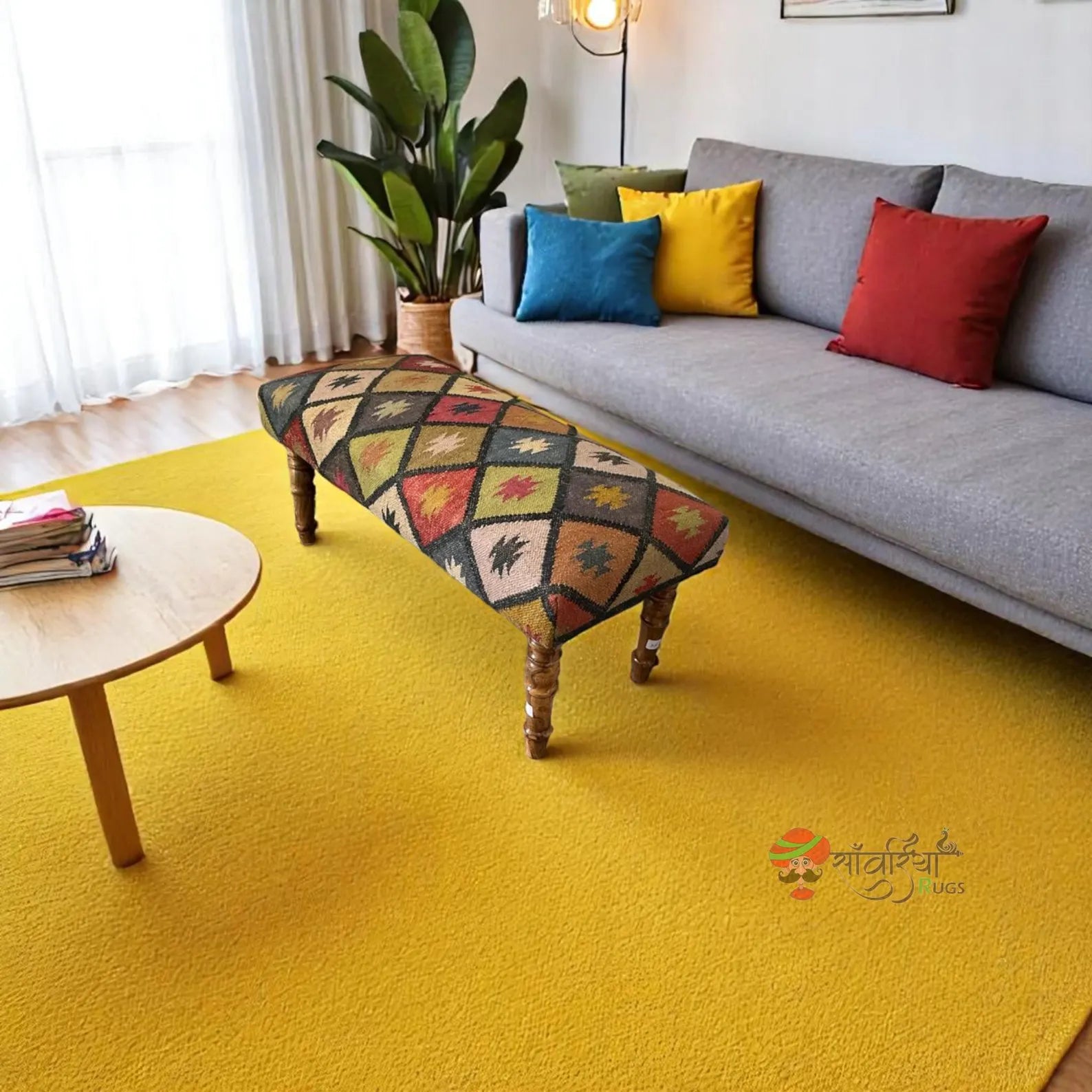 Kilim Ottoman Bench – Handmade Turkish Wood Rug Seat for Dining & Piano