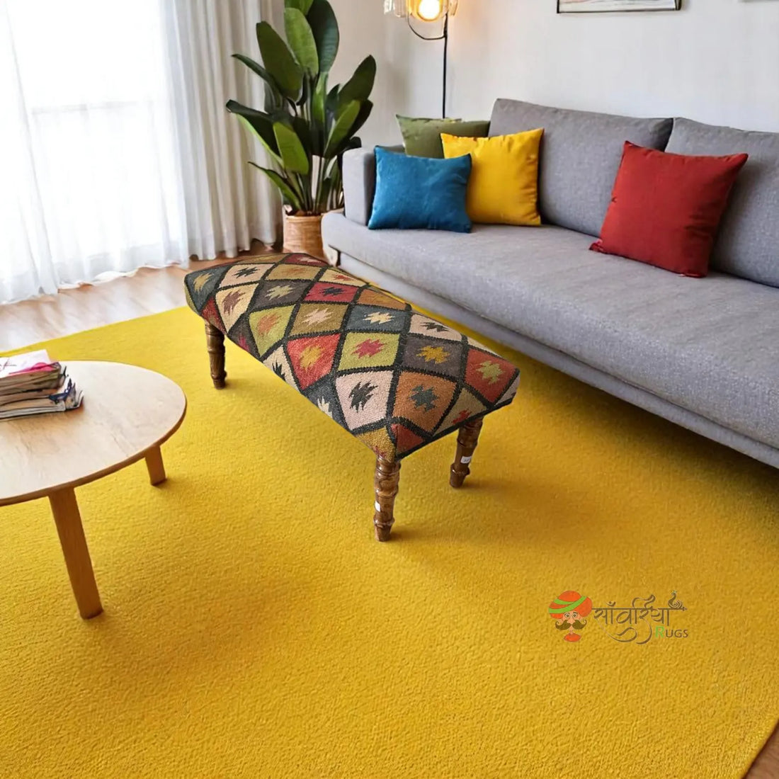 Kilim Ottoman Bench – Handmade Turkish Wood Rug Seat for Dining & Piano