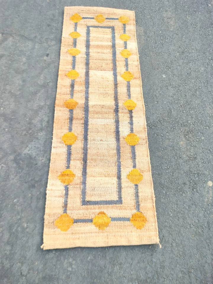 Handwoven Jute Runner Rug with Yellow Circle & Blue Stripe