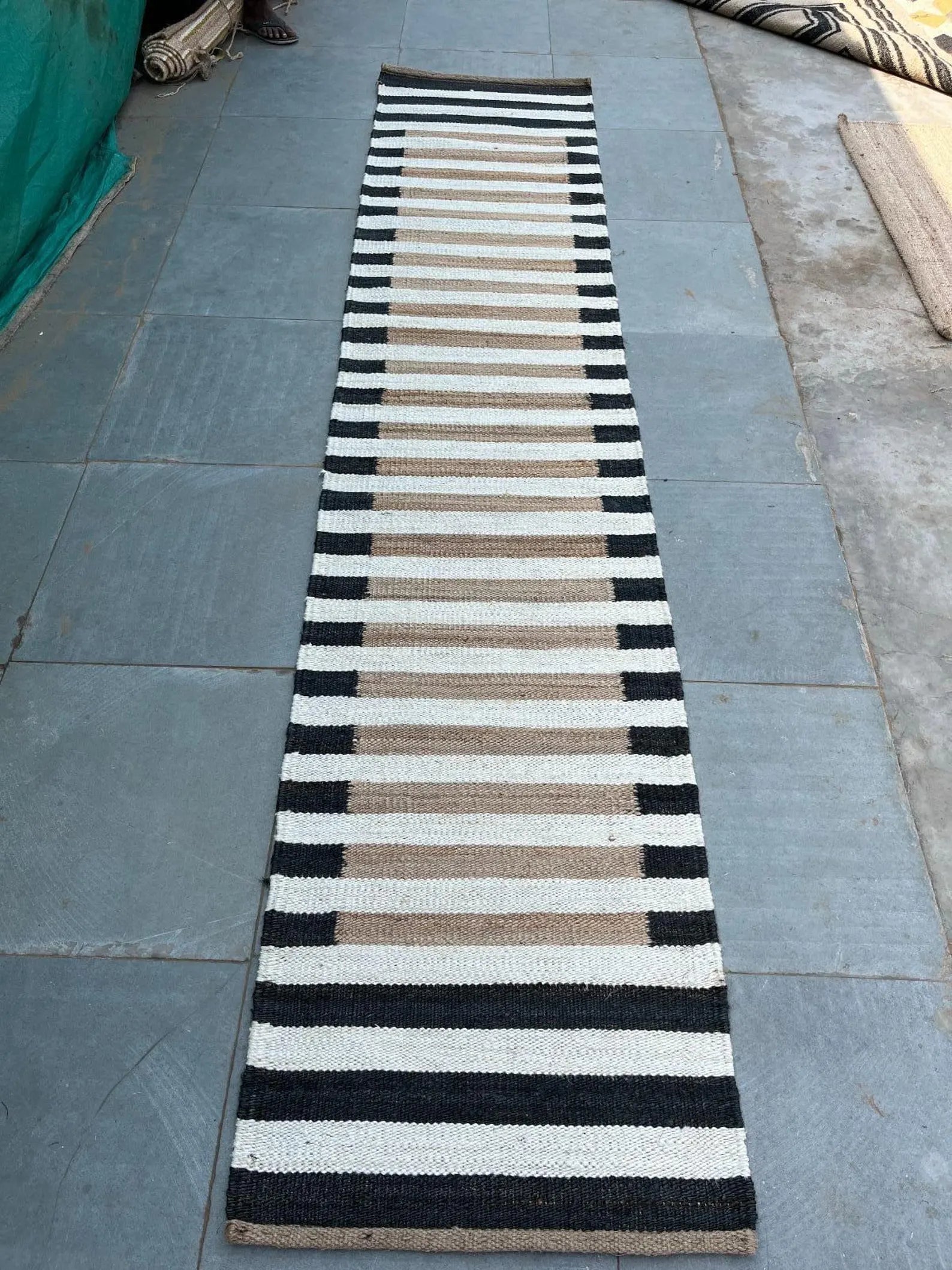Natural White Strip Black Border Hemp Jute Runner Rug