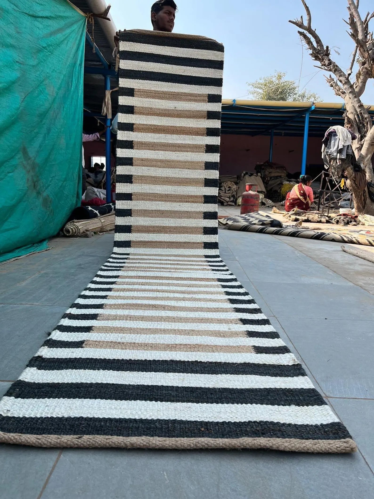 Natural White Strip Black Border Hemp Jute Runner Rug