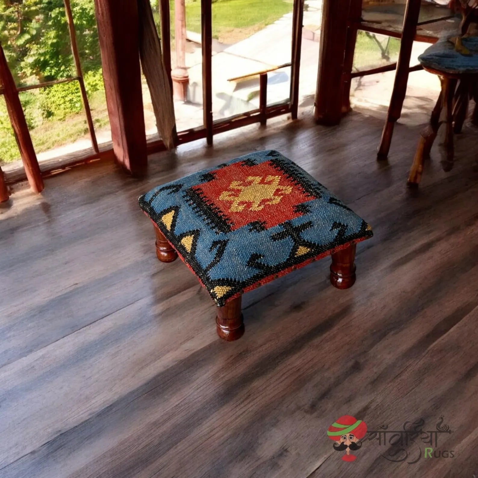 Handmade Kilim Ottoman Footstool – Boho Tribal Acacia Wood Accent Bench