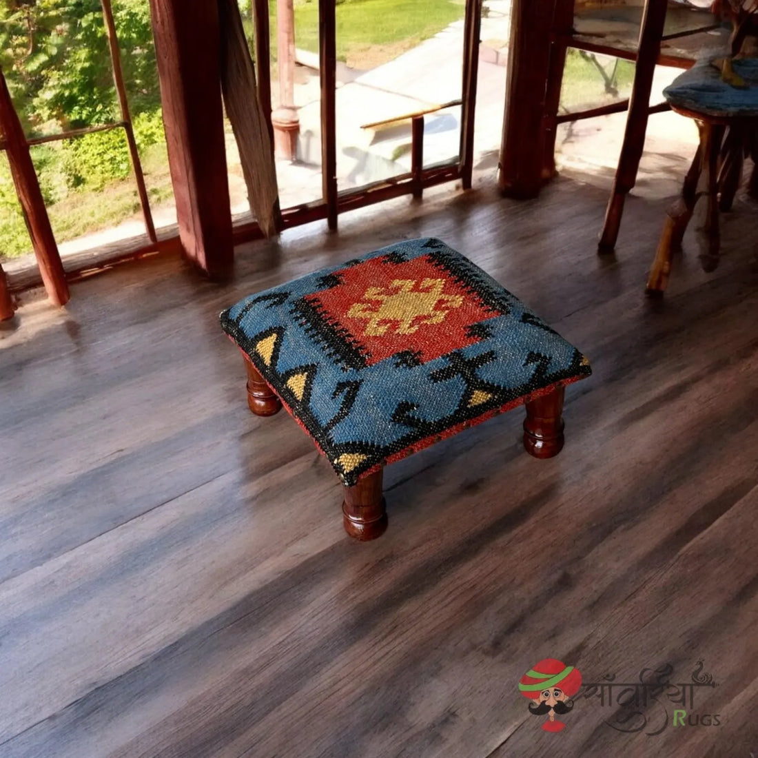 Handmade Kilim Ottoman Footstool – Boho Tribal Acacia Wood Accent Bench
