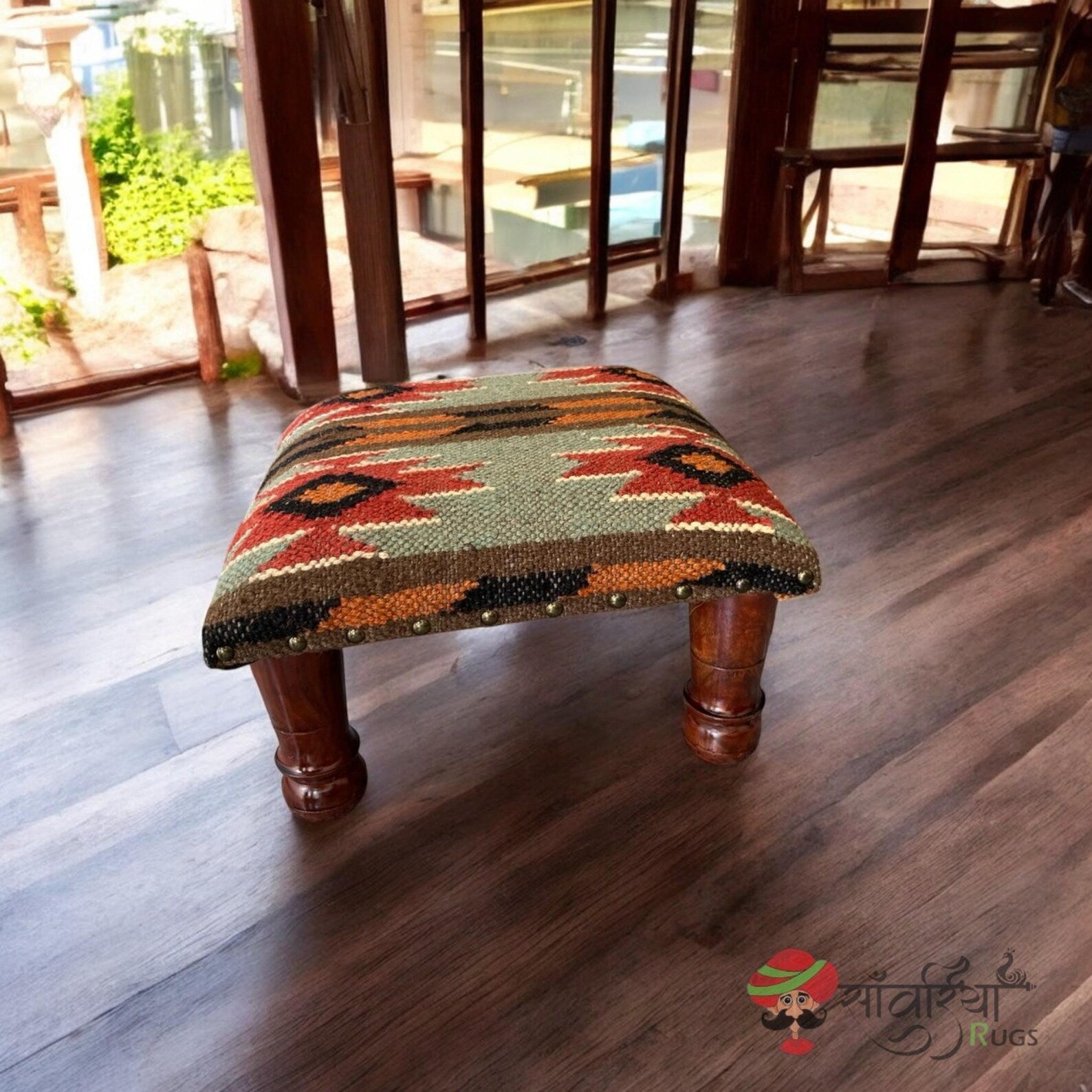 Artisan Wooden Ottoman Bench, Kilim Upholstery, Boho Tribal Footstool