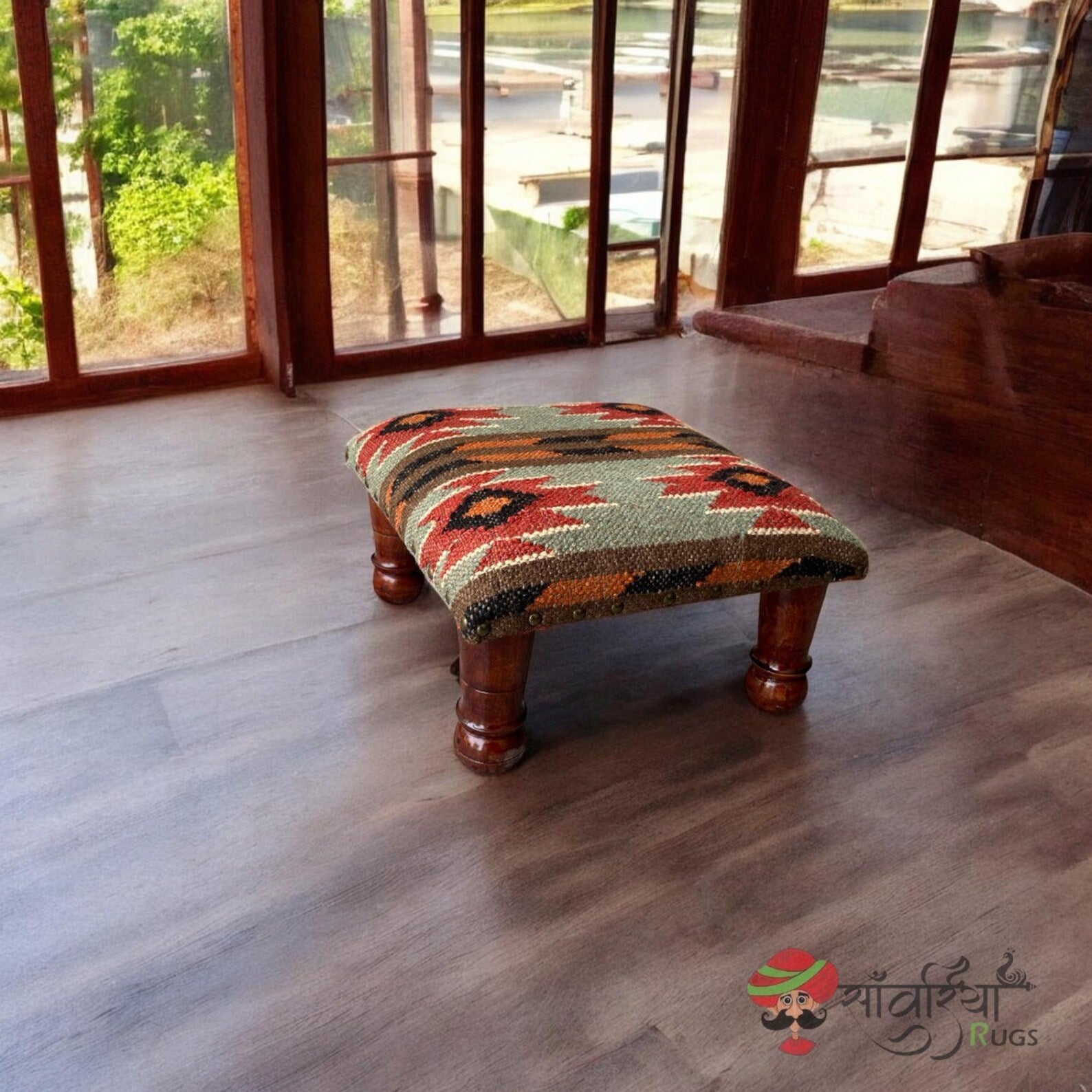 Artisan Wooden Ottoman Bench, Kilim Upholstery, Boho Tribal Footstool