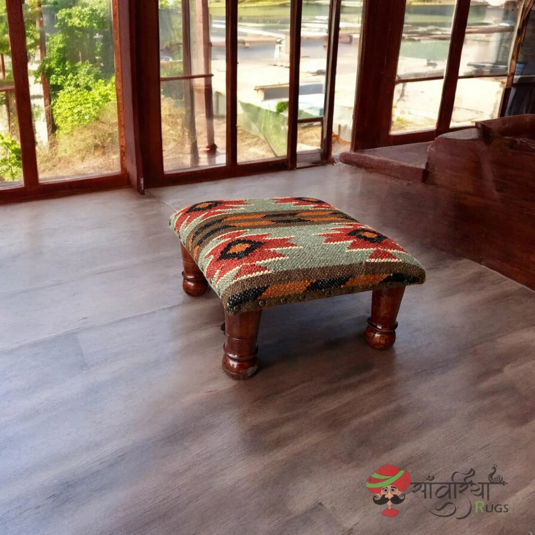 Handmade Kilim Ottoman Footstool – Boho Tribal Acacia Wood Accent