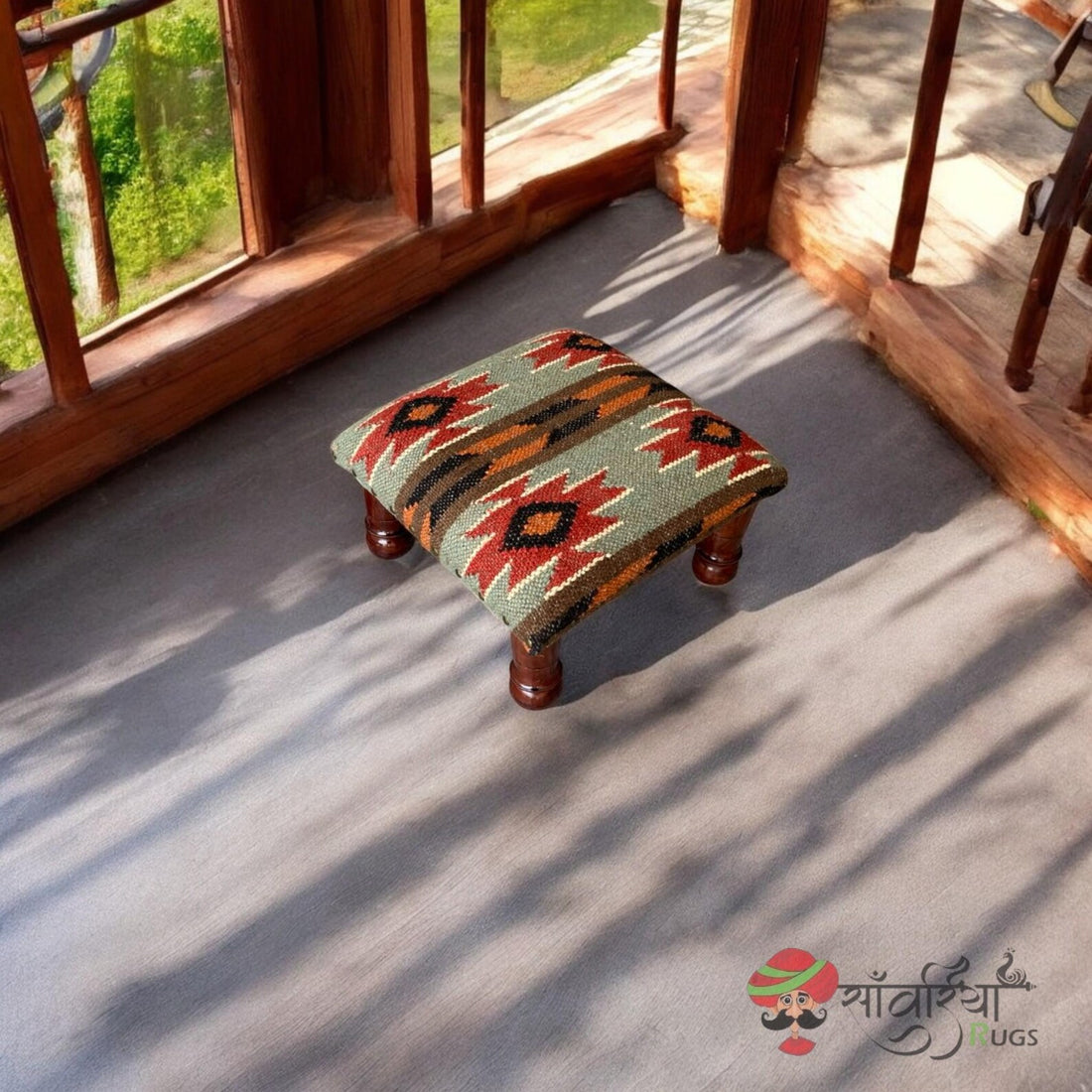 Artisan Wooden Ottoman Bench, Kilim Upholstery, Boho Tribal Footstool