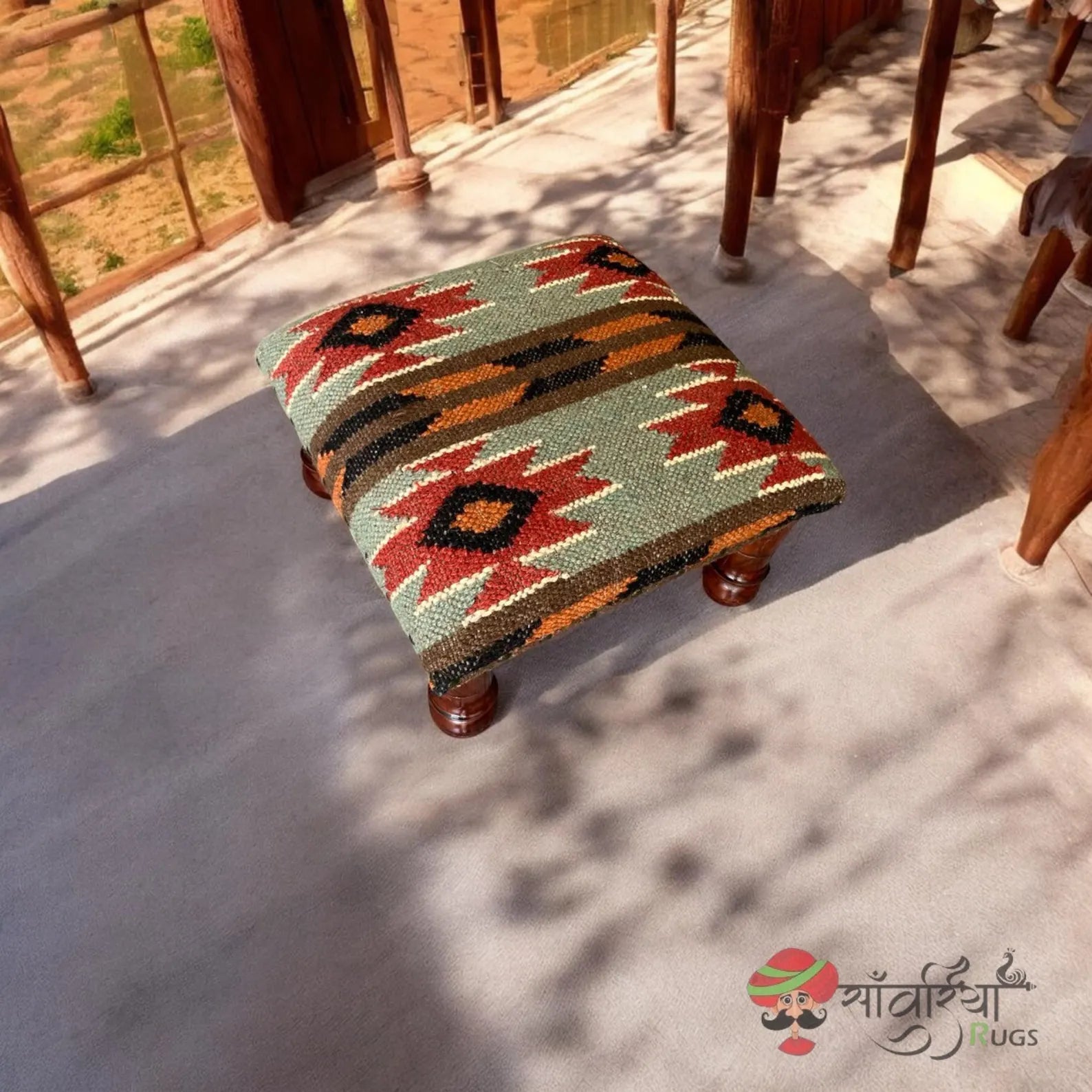 Handmade Kilim Ottoman Footstool – Boho Tribal Acacia Wood Accent