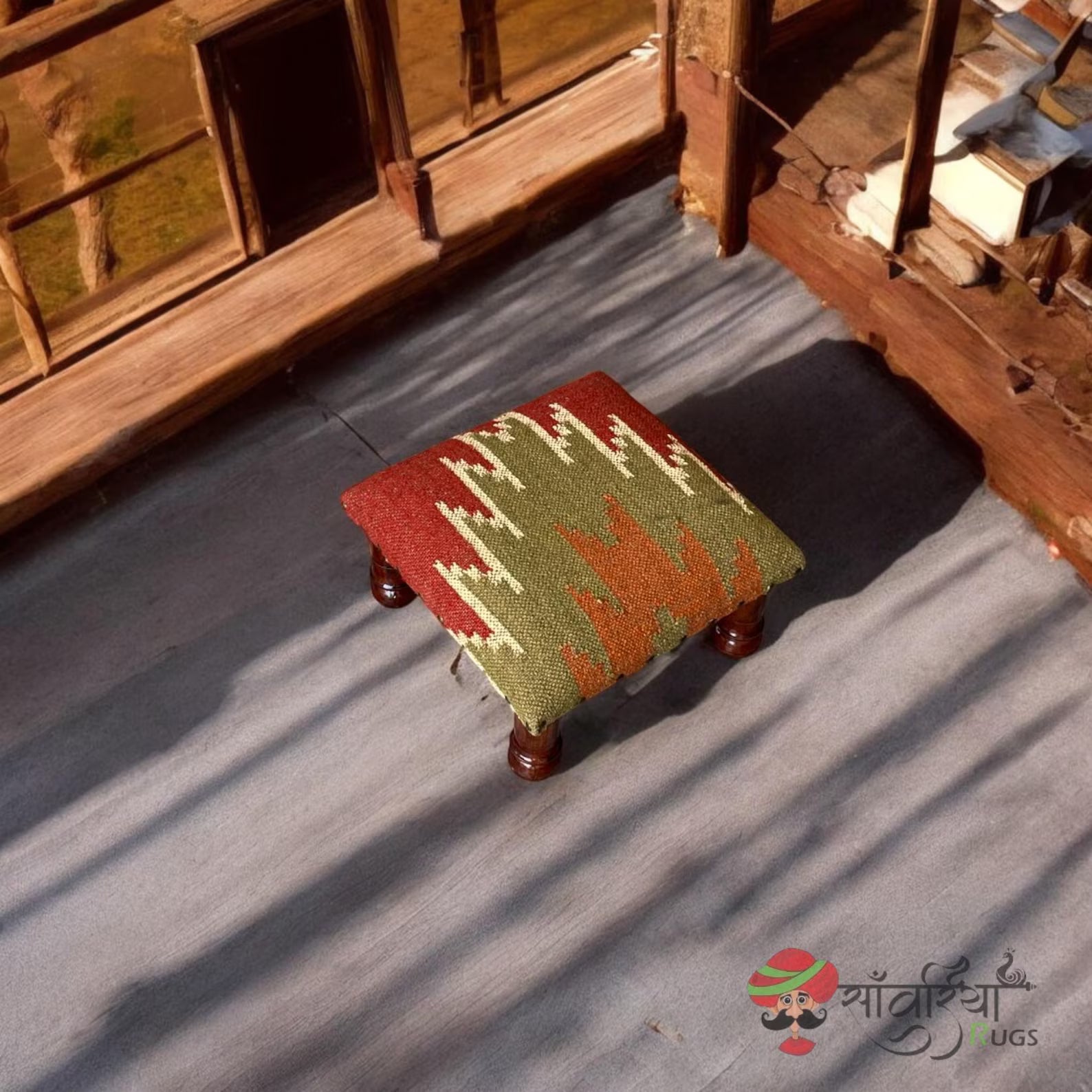 Rustic Wooden Pouf Footstool, Handcrafted Kilim Ottoman, Tribal Upholstered Seat