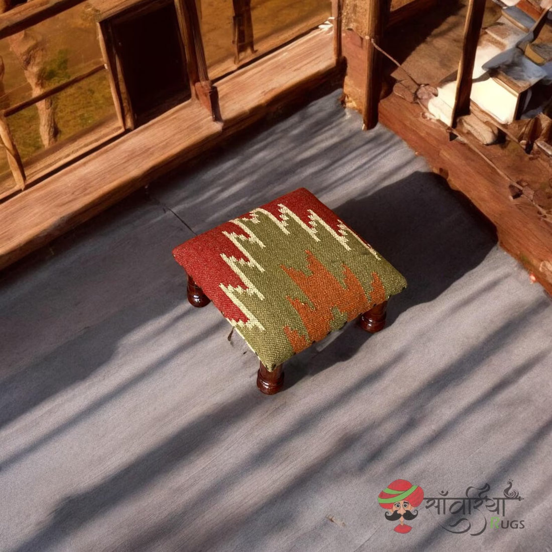 Rustic Wooden Pouf Footstool, Handcrafted Kilim Ottoman, Tribal Upholstered Seat