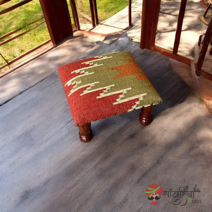 Rustic Wooden Pouf Footstool, Handcrafted Kilim Ottoman, Tribal Upholstered Seat