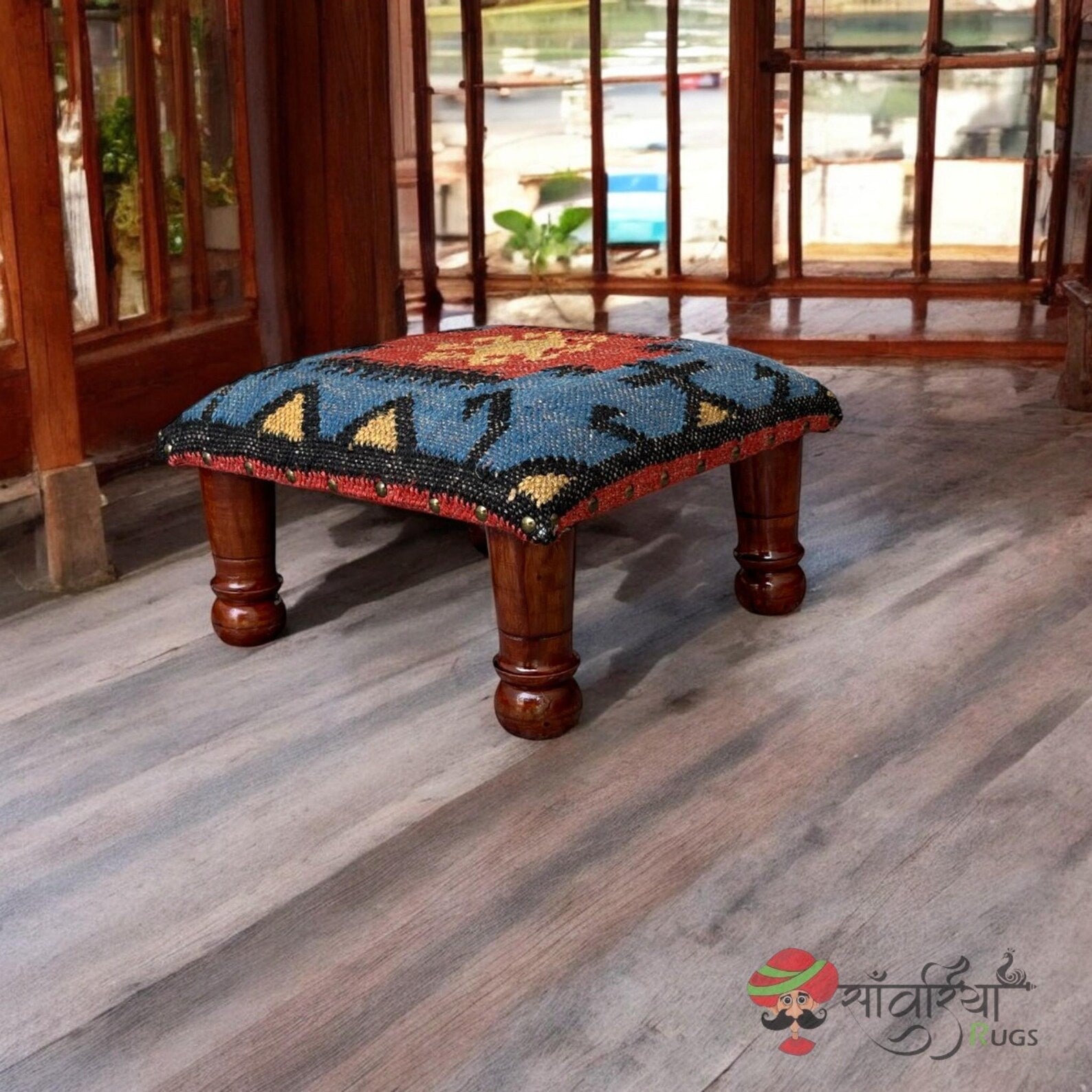 Handmade Wooden Pouf Ottoman, Kilim Upholstered Footstool, Boho Tribal Accent Bench